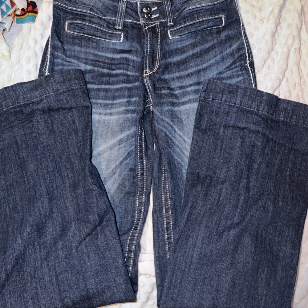 Ariat Dark Blue Boot Cut Jeans with White Embroidered Pocket - Picture 2 of 4